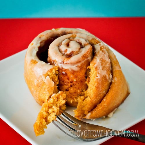 Pumpkin Cinnamon Rolls With Vanilla Maple Glaze • Love From The Oven