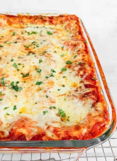 Cheese lasagna in glass baking pan