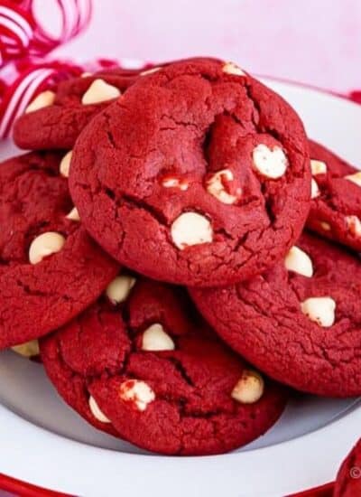 Stack of red velvet cookies on a plate