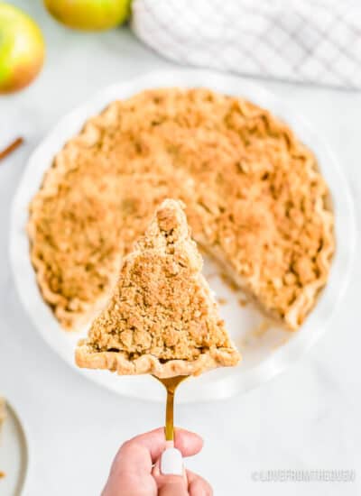 A slice of Dutch apple pie cut out of a pie