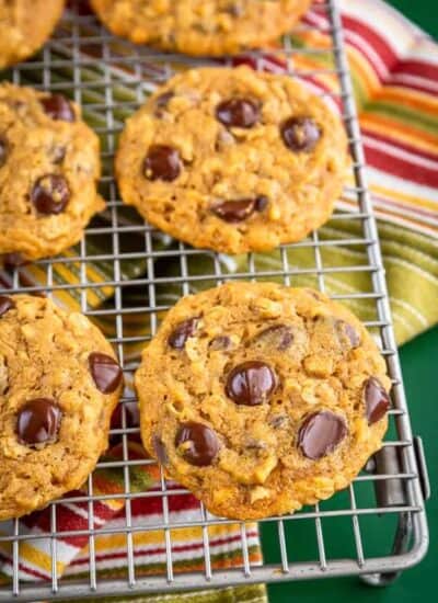 pumpkin chocolate chip cookies on a cooling rack