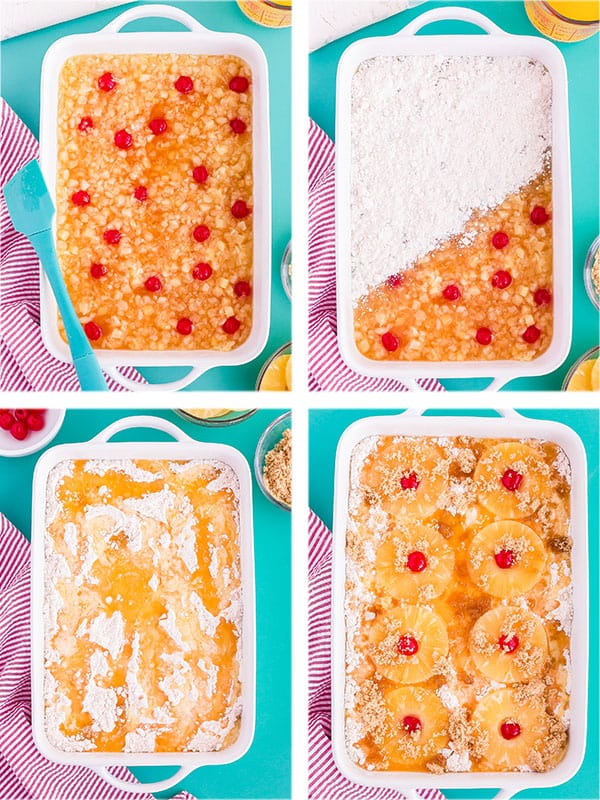 step by step overhead photos of making pineapple upside down cake