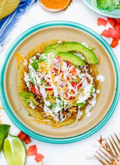 overhead shot of beef tostadas