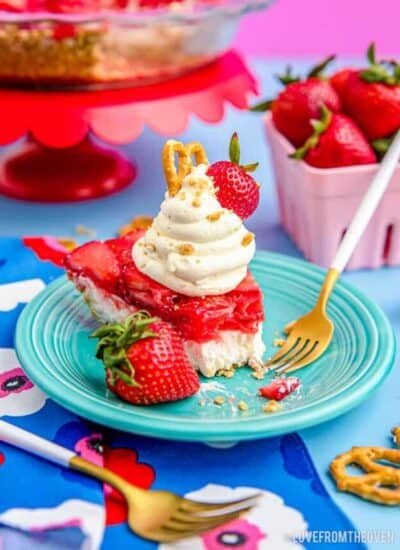 strawberry pretzel salad on a colorful table