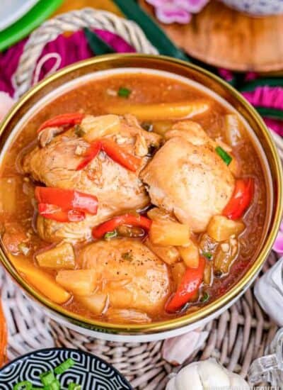 A pan full of Hawaiian chicken.