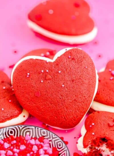 A stack of red velvet cookies