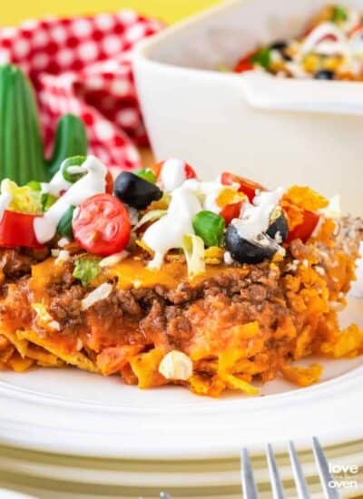 Taco casserole on a white plate.