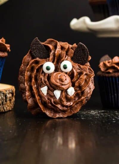 a werewolf cupcake on its side