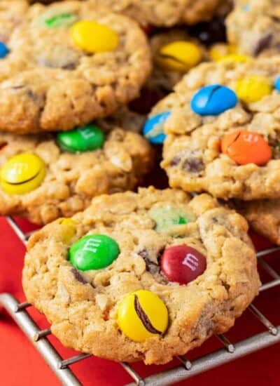 a stack of peanut butter monster cookies