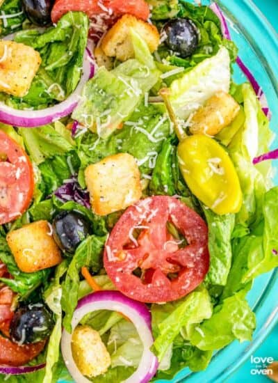 A close up photo of an olive garden copycat salad.