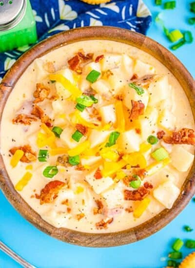 crockpot potato soup in a wooden bowl