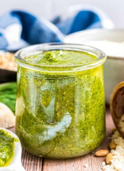 a jar of homemade pesto salad