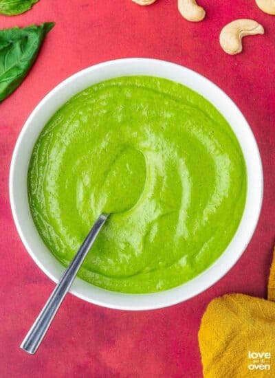 green goddess dressing in a bowl with a spoon