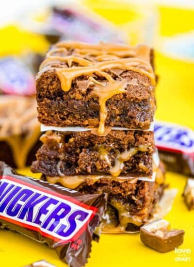 snickers brownies stacked on top of each other