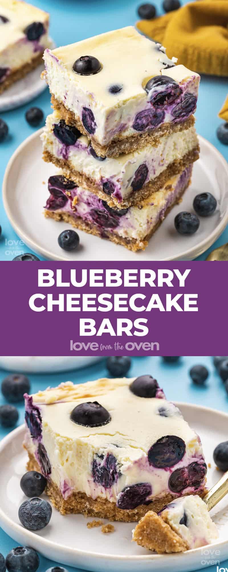 Photos of blueberry cheesecake bars.