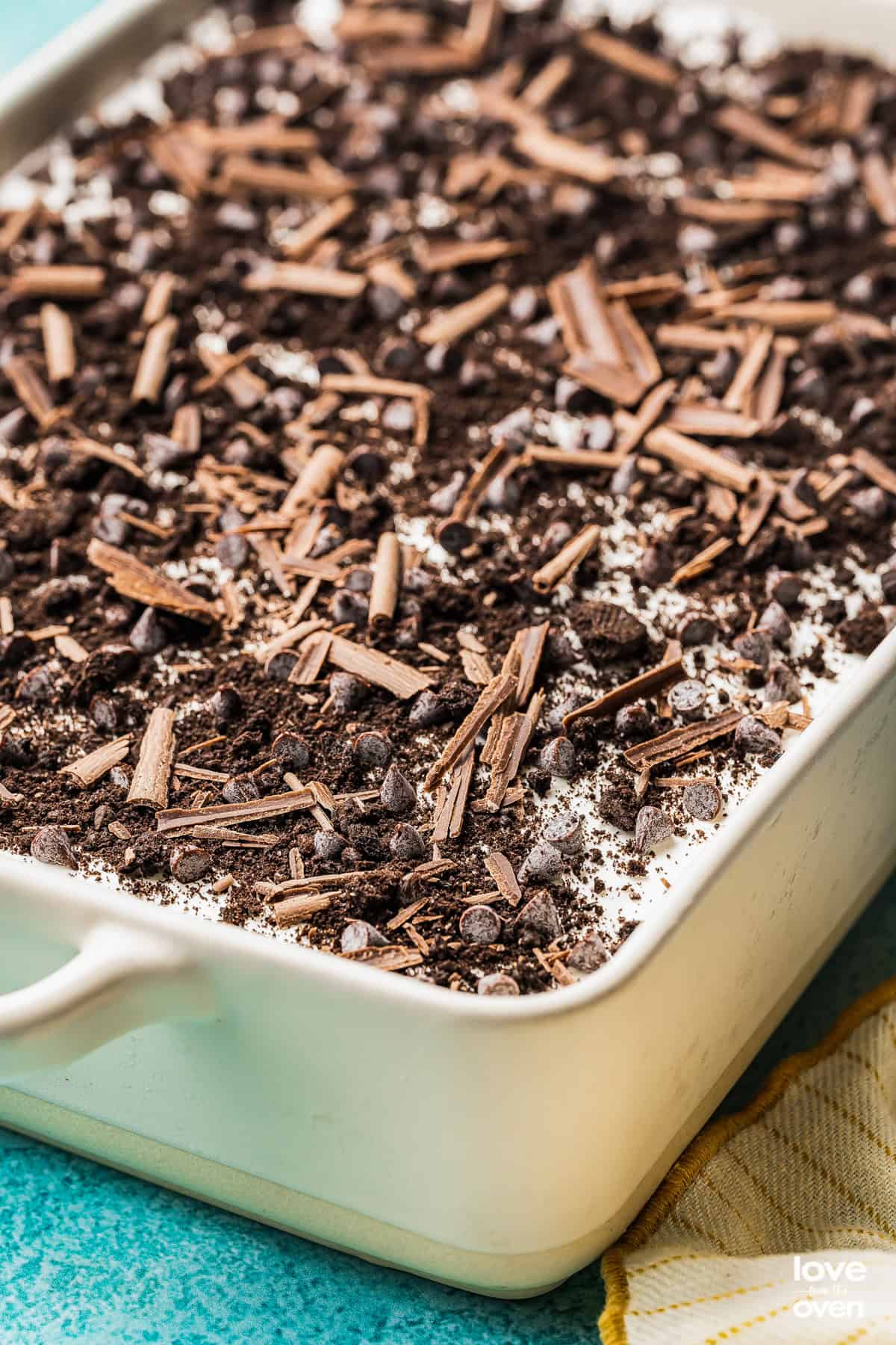 A pan of chocolate lasagna.