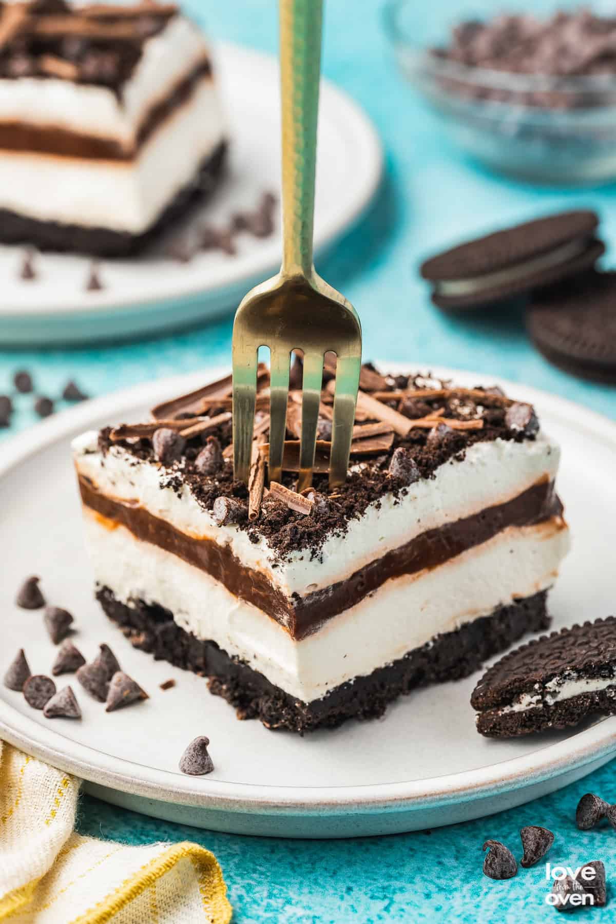 chocolate lasagna with a fork in it