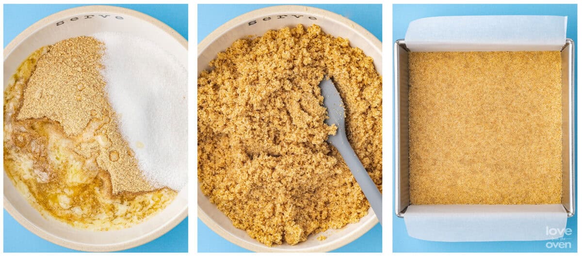 How to make graham cracker crust for blueberry cheesecake bars. 