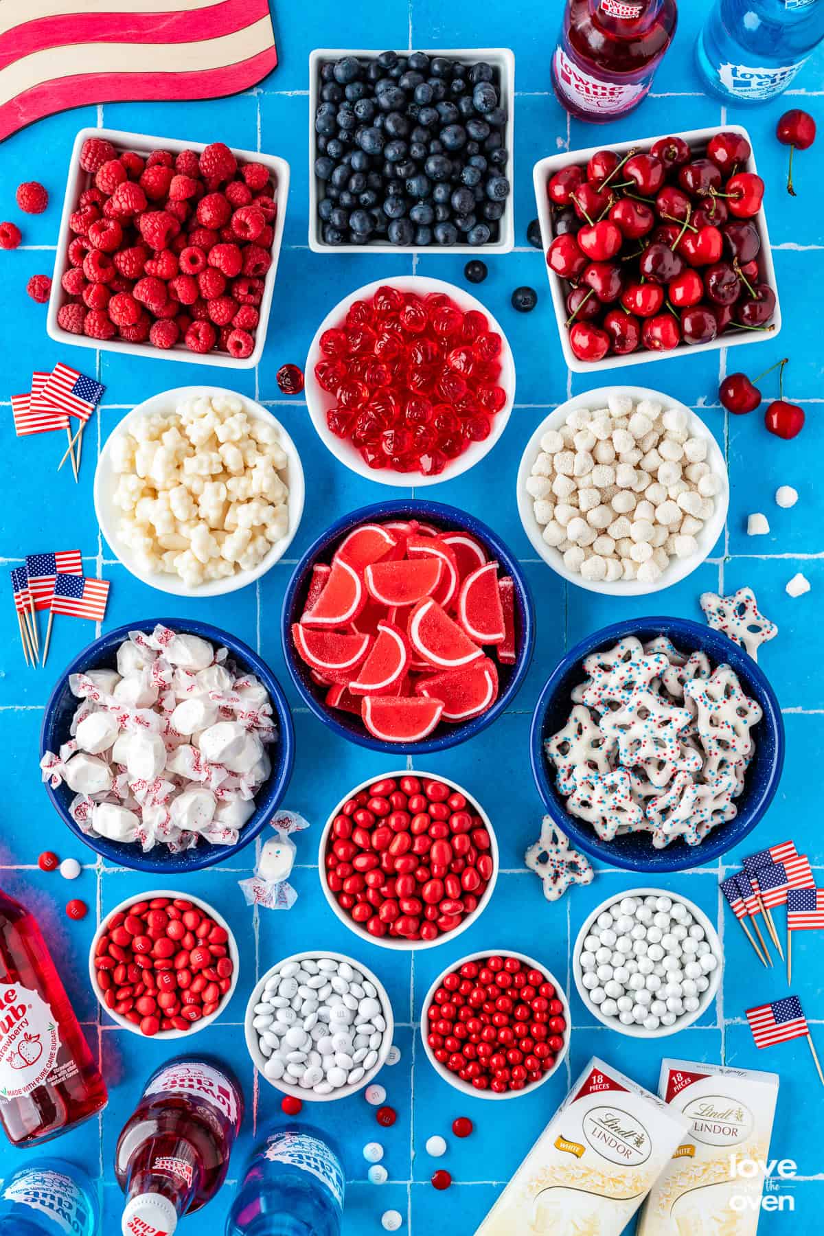 Ingredients for an american flag red white and blue snack board