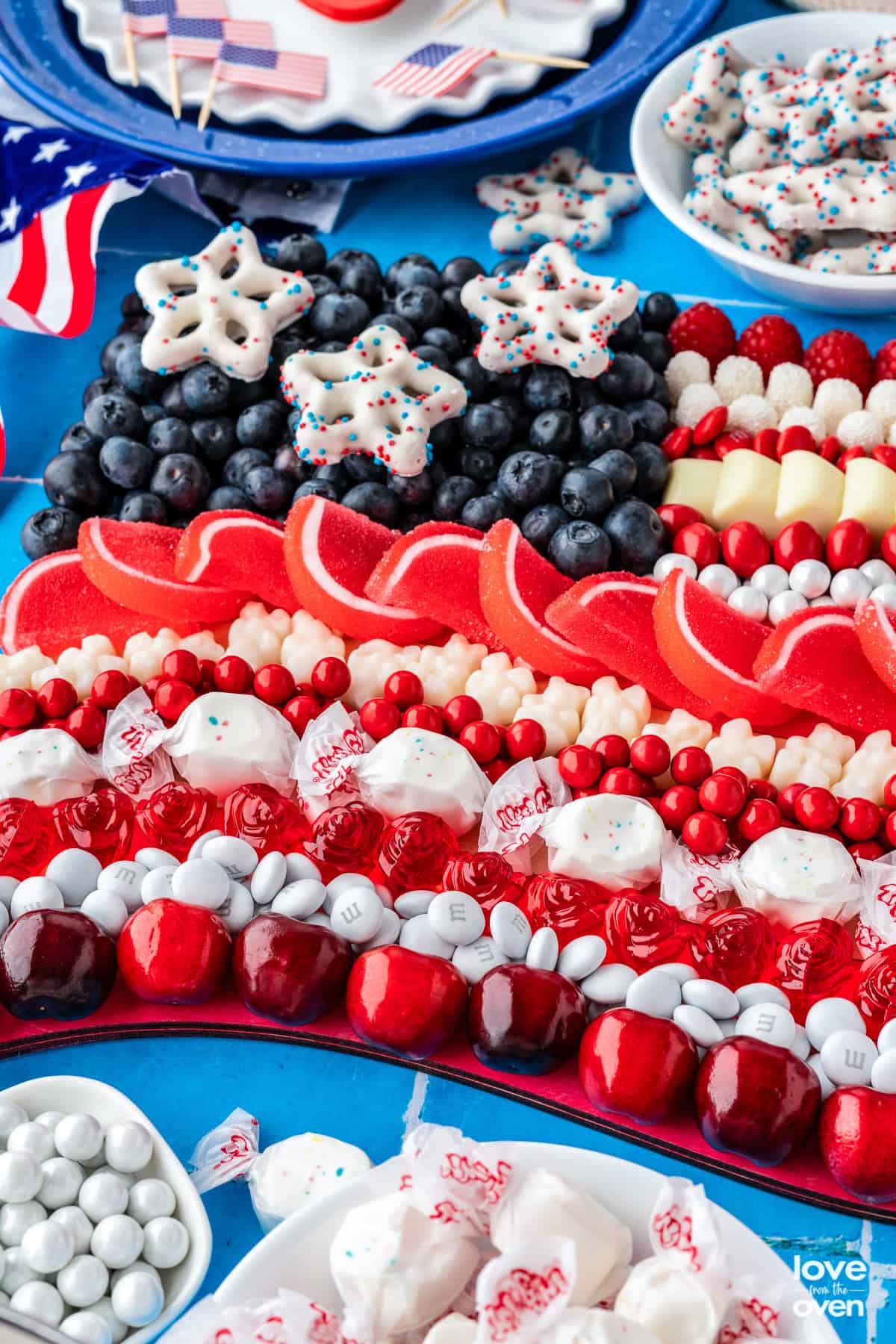 A candy charcuterie made to look like an american flag