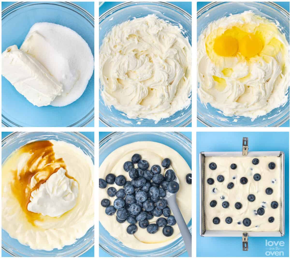Step by step instructions showing how to make blueberry cheesecake bars