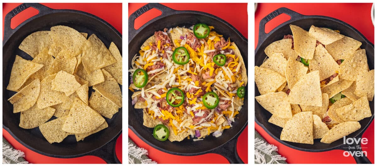 step by step photos showing how to make pulled pork nachos