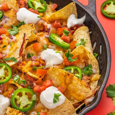 A pan of pork nachos