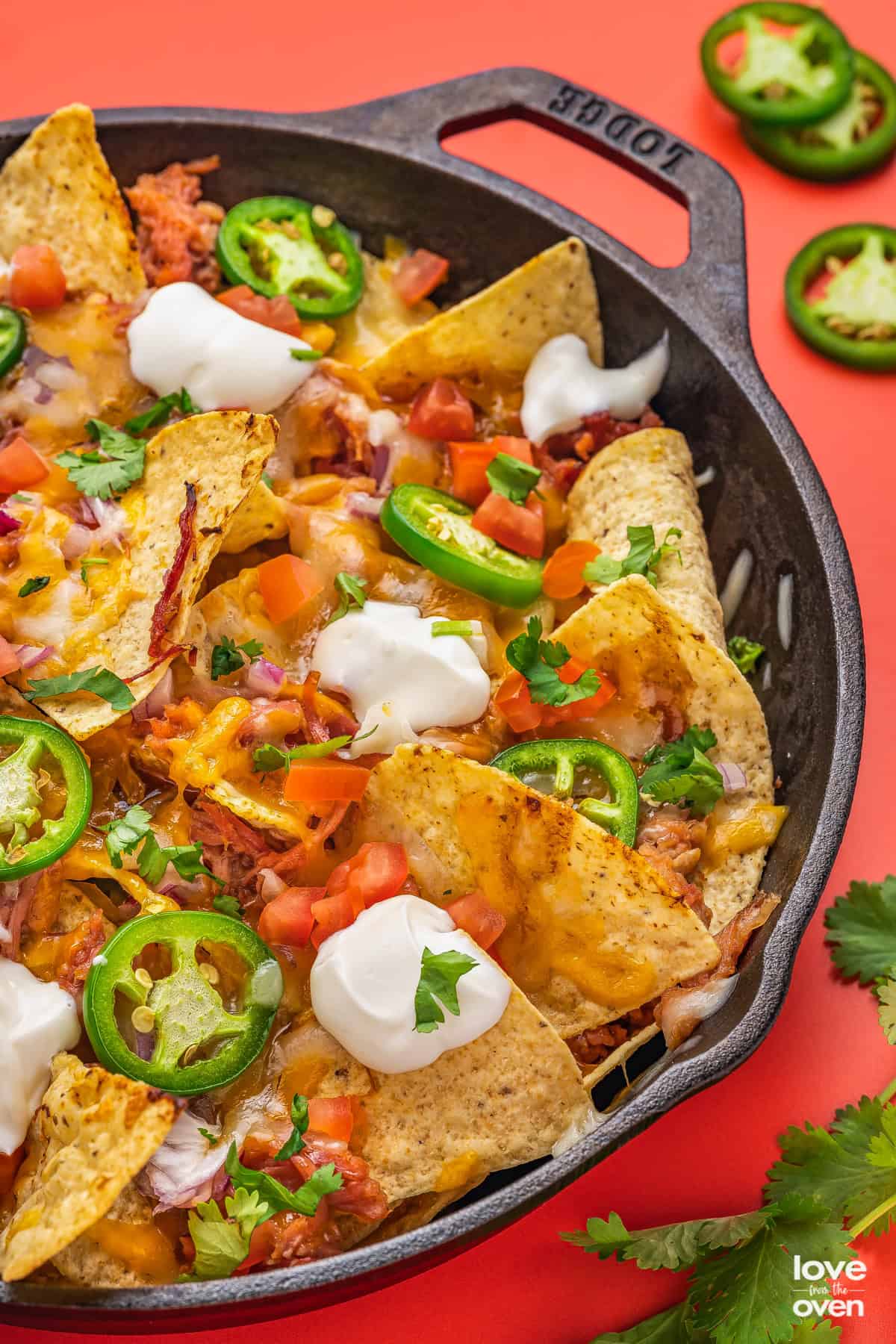 A pan of pork nachos