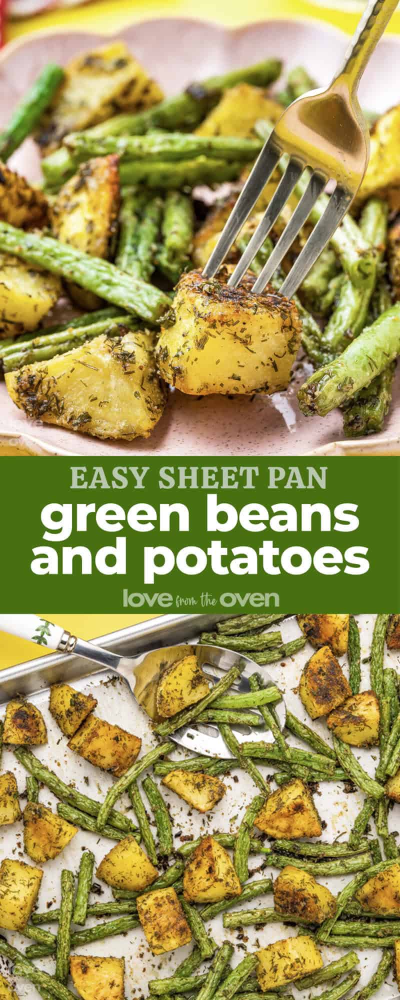 photos of potatoes and green beans on a sheet pan