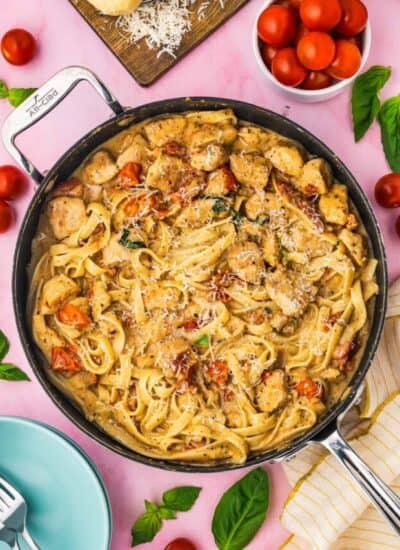 Marry me chicken pasta in a skillet.