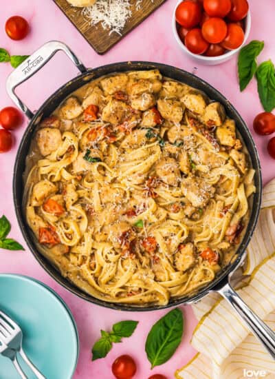 Marry me chicken pasta in a skillet.