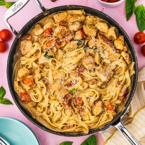 Marry me chicken pasta in a skillet.