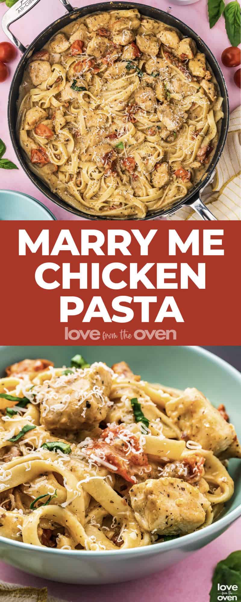 A pan and a bowl of Marry Me Chicken Pasta